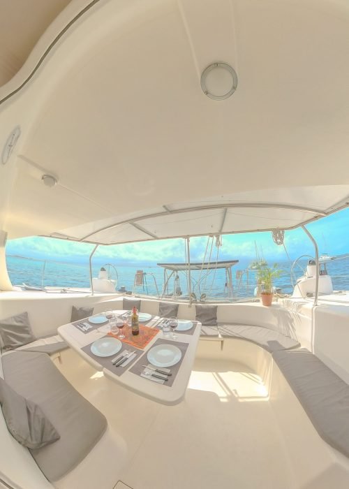 Kaya catamaran cockpit dining area