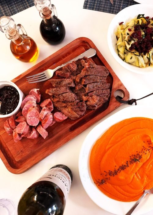 Pasta, Filet Beef, and Chorizo, with Butternut Squash Soup